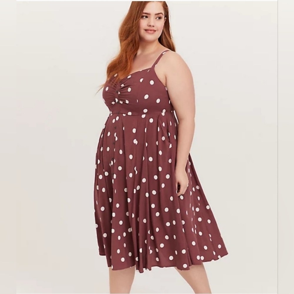 Torrid Walnut Polka Dot Challis Button Front Midi… - image 1